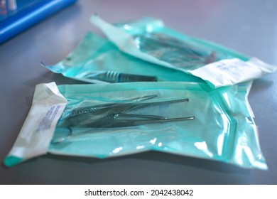 Close Up Of Dental Tools For Surgical Use Packed In A Protective Foil.