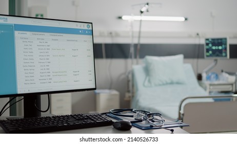 Close Up Of Desk With Computer And Medical Tools In Empty Hospital Ward. Nobody In Space With Bed For Ill Patient And Healthcare While Having Stethoscope And Checkup Files On Table