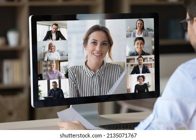 Close Up Desktop Computer Screen With Webcam Conference Corporate Video Chat Interface. Diverse Businesspeople Group Meeting Online On Briefing Webinar Workshop Talk Study Discuss Professional Issues