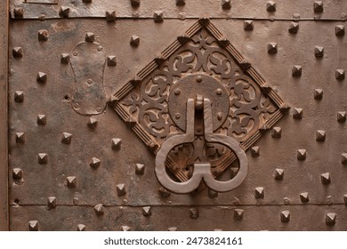 Close up detail of beautiful ornate door knocker on a exterior building door of a historic building with metal studs and detailing in Genova, Italy - Powered by Shutterstock