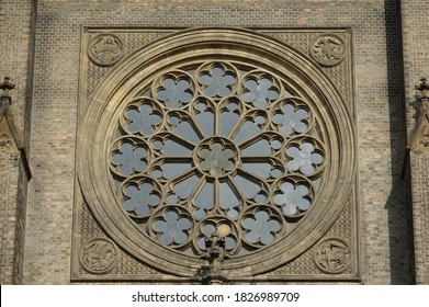 Close Up Detail of Central Circular Window or Rose Windw on Facade of the Brick Neo-Gothic Roman Catholic Church of St Ludmila at Prague's Peace Square (Namesti Miru) in the Vinohrady Neighborhood