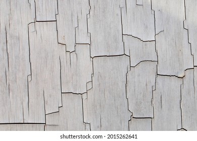 Close up detail of a cracked, weathered plastic sheet. Old worn surface with crazed cracks running through peeling split sections. Abstract background concept