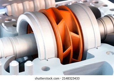 close up detail cross section impeller inside of electric centrifugal pump or blower for industrial^ electric centrifugal pump, ndustrial concept