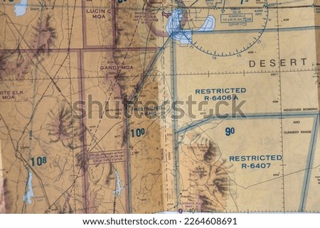 Close up detail of defense department restricted airspace chart for use in flight navigation, FAA sectional map