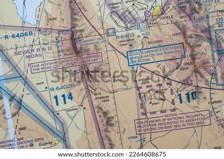 Close up detail of FAA sectional map showing national security flight restriction notes