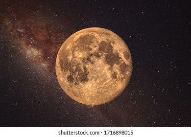Close up detail of a full moon.  The Full Worm Supermoon on March 9 of 2020. Barcelona,Spain