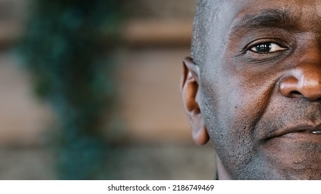 Close Up Detail Half Face Human Sad Eyesight Male Portrait African American Adult Mature Grandpa Senior Man Businessman Ethnic Healthy Patient Of Ophthalmology Service Healthcare Rejuvenation