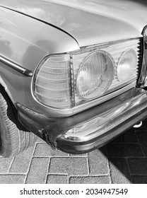 Close Up Detail Shot Of A Vintage Car Headlight. 