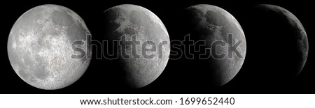 Close up detail of various moon phases from full to waxing crescent