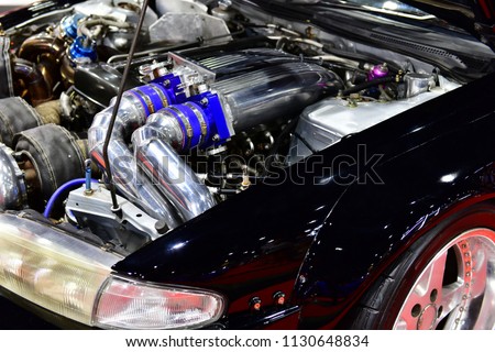 Close up details of car engine. Modification of the engine