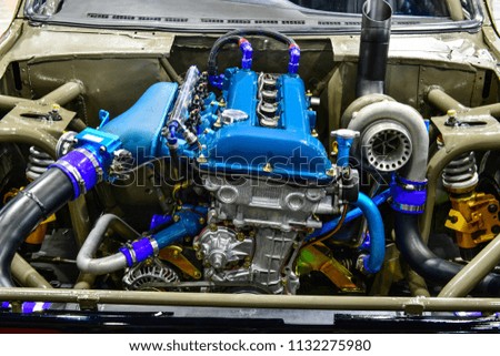 Close up details of car engine. Modification of the engine