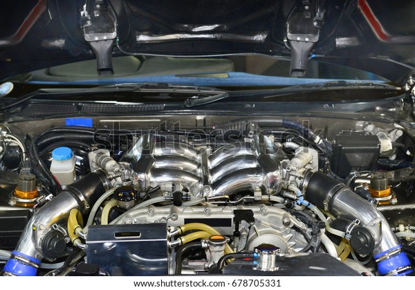 Close up details of car engine. Modification of\
the engine