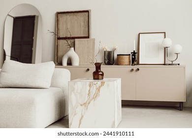 close up details flowers hyacinth in Interior design of aesthetic and minimalist living room with boucle armchair, wooden coffee table, pedant lamp, beautiful leafs in vase, decoration - Powered by Shutterstock