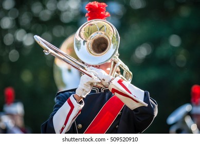 Close up and details of playing musicians, instruments in a marching, show band or music band - Shutterstock ID 509520910