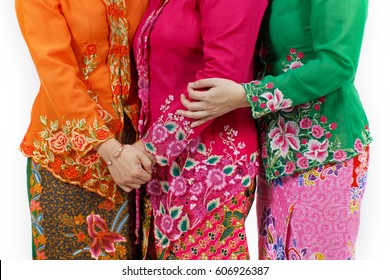 Close Up Details Shot Of Southeast Asian Woman In Traditional Malay Batik Kebaya Dress.
