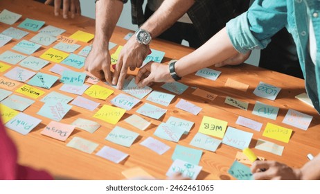 Close up of developer team using mind map to brainstorm idea. Top view of skilled group of business people working together writing marketing strategy by using markers and sticky notes. Symposium. - Powered by Shutterstock