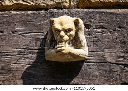 Close up of devilish gargoyle with staring eyes