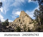 Close up of Devils tower in america on sunny day, usa