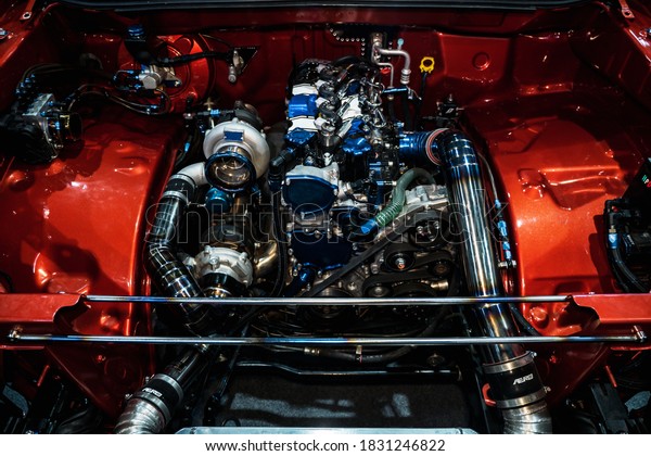 Close up diesel engines\
racing. 