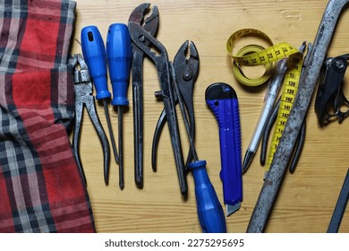 Close up of different tools on table