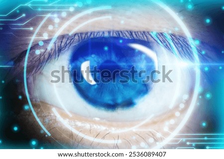 Close up of digital eye with security scanning concept, science and technology, artificial intelligence.
