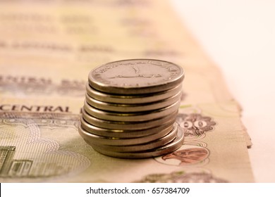 Close Up Dirhams Currency Note And Coins, AED, United Arab Emirates