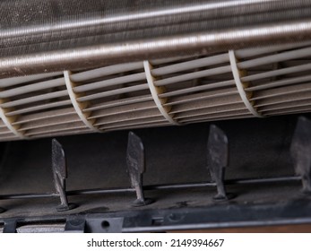 Close Up Of Dirty Air Conditioner Blower Fan And Coil. The Blower Of The Dusty Indoor Air Conditioner.