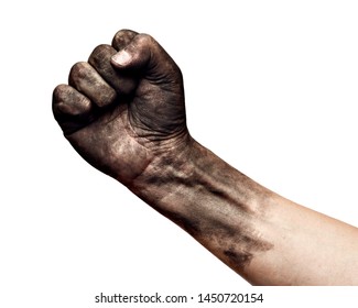 close up of a dirty worker hand fist on white background