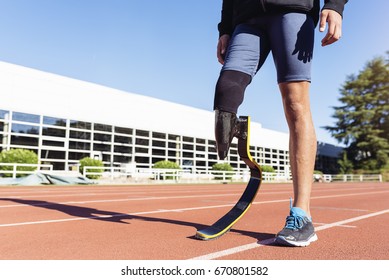 Close Up Disabled Man Athlete With Leg Prosthesis. Paralympic Sport Concept.