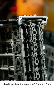 close up Disassembled engine block on the table the mechanic opened the locking valve mechanism Motor capital repair