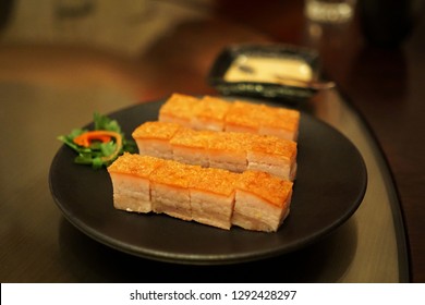 Close up dish of deep fried crispy barbecue pork belly