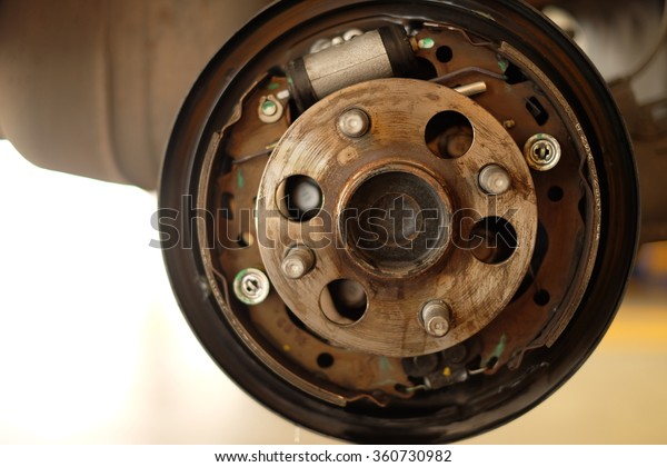 Close up of disk brake on car in process of damaged.-\
Brake job 