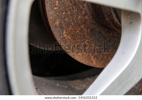 Close up disk\
break.Rusty on car disk\
brake.