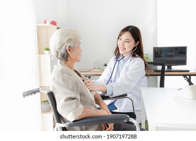 Close Up Doctor, Asian Doctor Talk With Old Female Patient About Disease Symptom, Doctor Use Stethoscope Listening Lung Of Patient, Elderly Health Check Up, Happiness Hospital