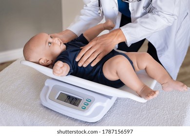 Close up of a doctor checking weight of cute little baby boy. Lovely pediatrician weighing adorable baby in her office. Cute little toddler lying on scales for medical checkup.