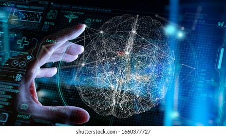 Close up of  Doctor hand analyzing patient brain with human anatomy on technological digital tablet futuristic Ui and digital holographic innovative with science and medicine concept.