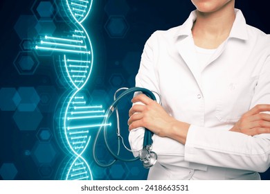 Close up of doctor hands with stethoscope and glowing DNA helix on blurry blue background. Medical and heredity genetic health concept. Technology science - Powered by Shutterstock