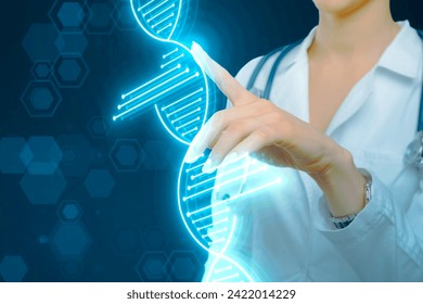 Close up of doctor hands with stethoscope using glowing DNA helix on blurry blue background. Medical and heredity genetic health concept. Technology science - Powered by Shutterstock