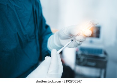 Close Up Doctor, Scientists, Researcher Hands Wearing Medical Surgical Glove Hold Vaccine Vial Syringe With COVID-19 Coronavirus, Flu, Influenza Vaccine. Vaccination, Medical,diseases,science Concept