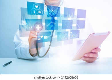 Close Up Of Doctor Is Showing Medical Analytics Data, Medical Technology Concept