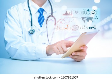 Close Up Of Doctor Is Showing Medical Analytics Data, Medical Technology Concept