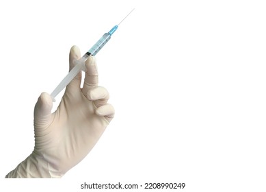 Close up doctor's hand in glove holding  syringe with needle isolated on white background with copy space for medical treatment, vaccination, filler injection, cosmetic surgical, laboratory concept. - Shutterstock ID 2208990249