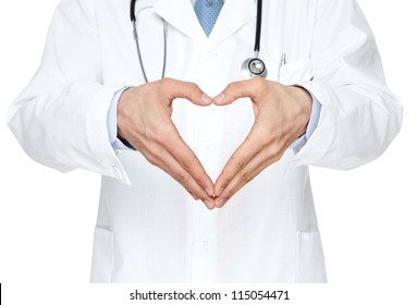 Close Up Of Doctor's Hands Making Heart Shape Isolated On White Background