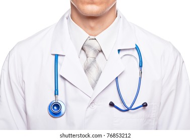 Close up of a doctors lab white coat isolated over a white background