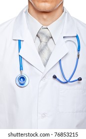 Close Up Of A Doctors Lab White Coat Isolated Over A White Background