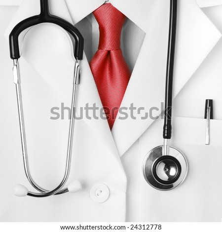 Close up of a doctors lab white coat.