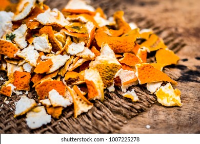 Close Up Of Dried Peel Of Orange,Citrus Aurantium On A Gunny Background Used As A Face Pack And For Skin Care.