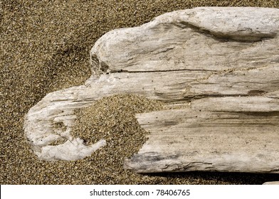 close up of driftwood partly covered in the sand