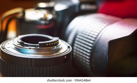 close up DSLR camera, camera background with selective focus low key lighting
