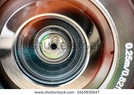 Close up DSLR camera lens shutter glass isolated on horizontal ratio background.